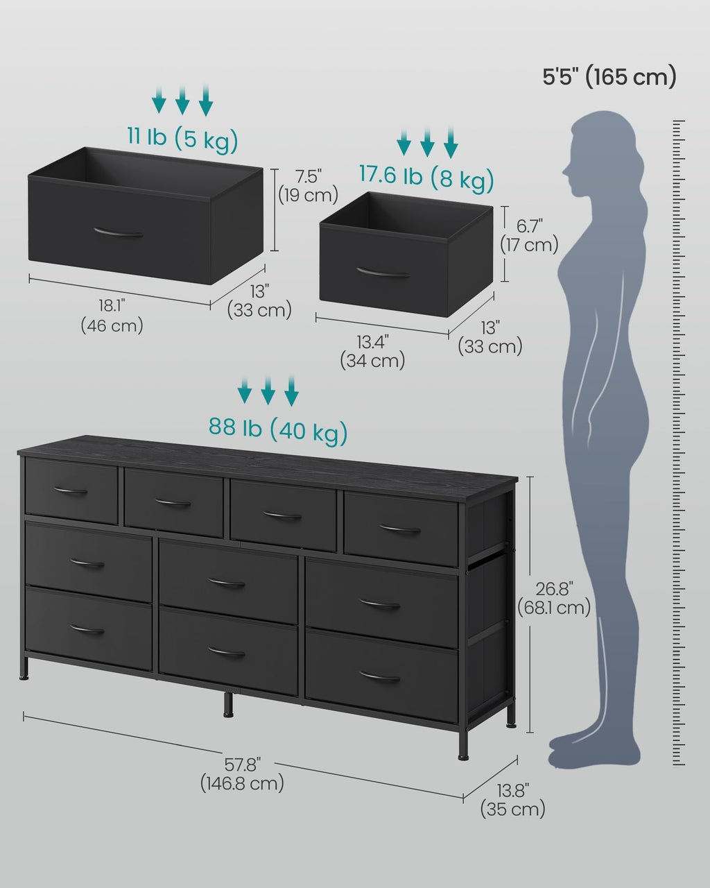 Wide Dresser with 10 Fabric Drawers
