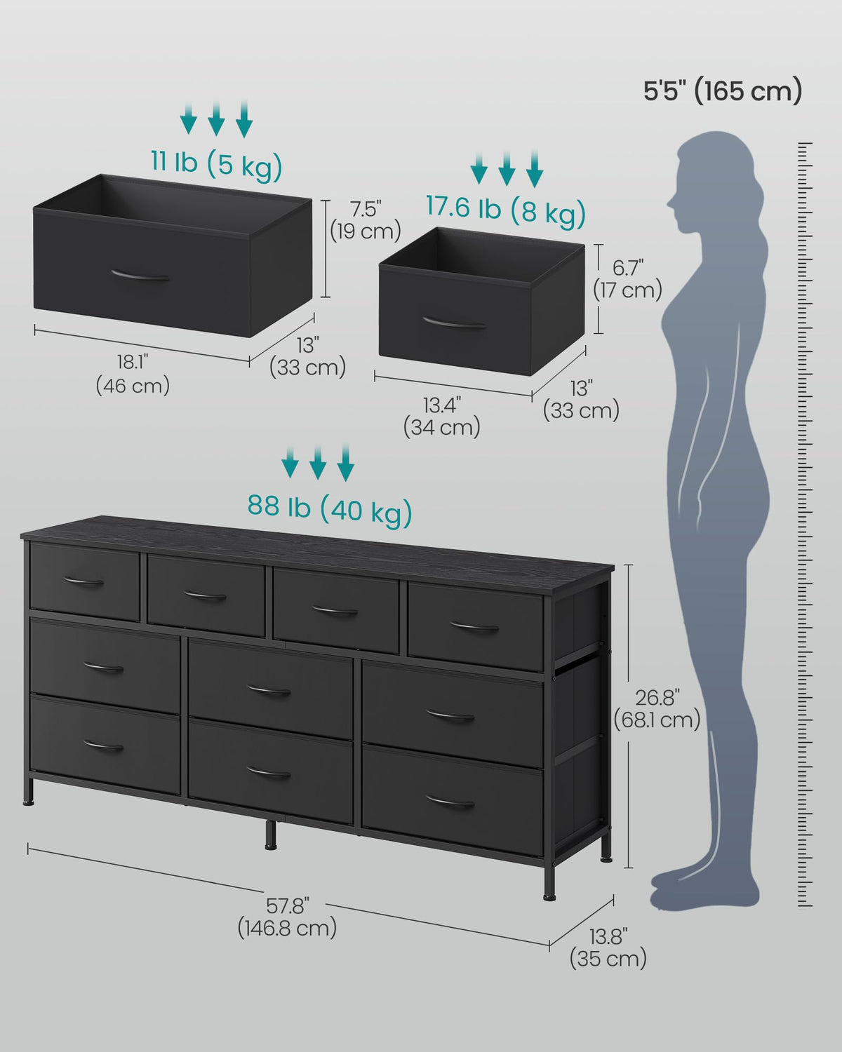 Wide Dresser with 10 Fabric Drawers